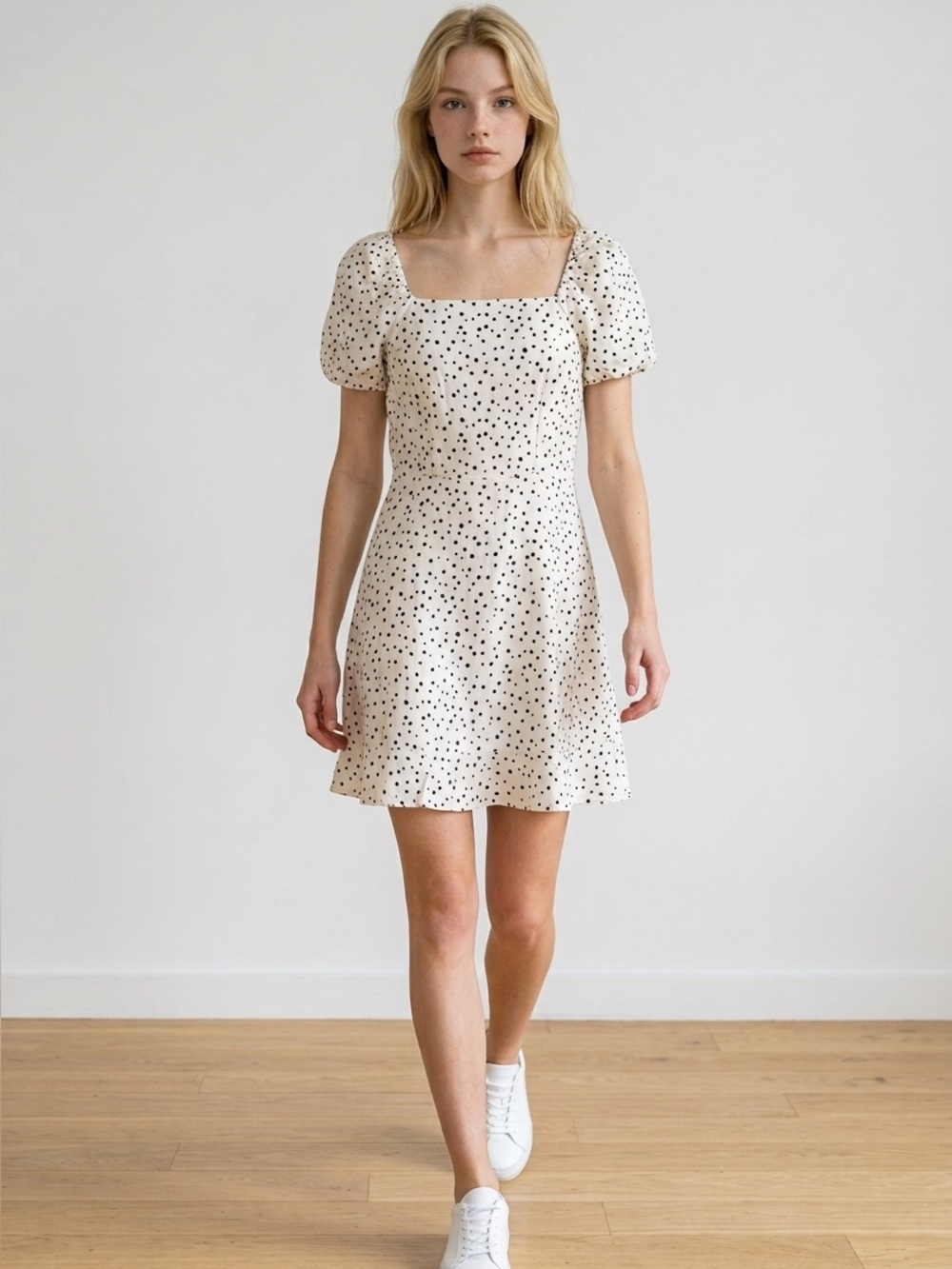 LOFT Cream Dress with Black Polka Dots and Puff Sleeves